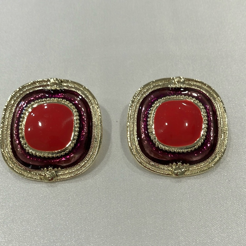 Vintage retro clip red, purple and gold earrings